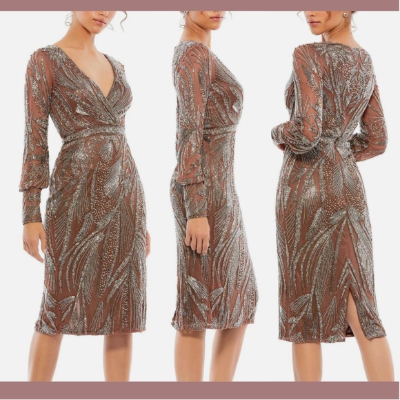 NWT $498 Mac‎ Duggal [ 10 ] Beaded Long Sleeve Wrap Over Midi Dress Mocha - Picture 1 of 13